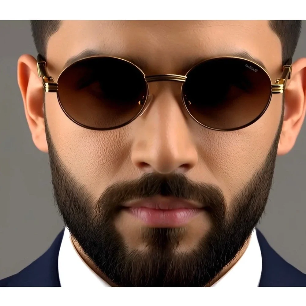Gold Oval Sunglasses Brown Gradient Lenses‎ Wood Temples Men's Fashion Eyewear